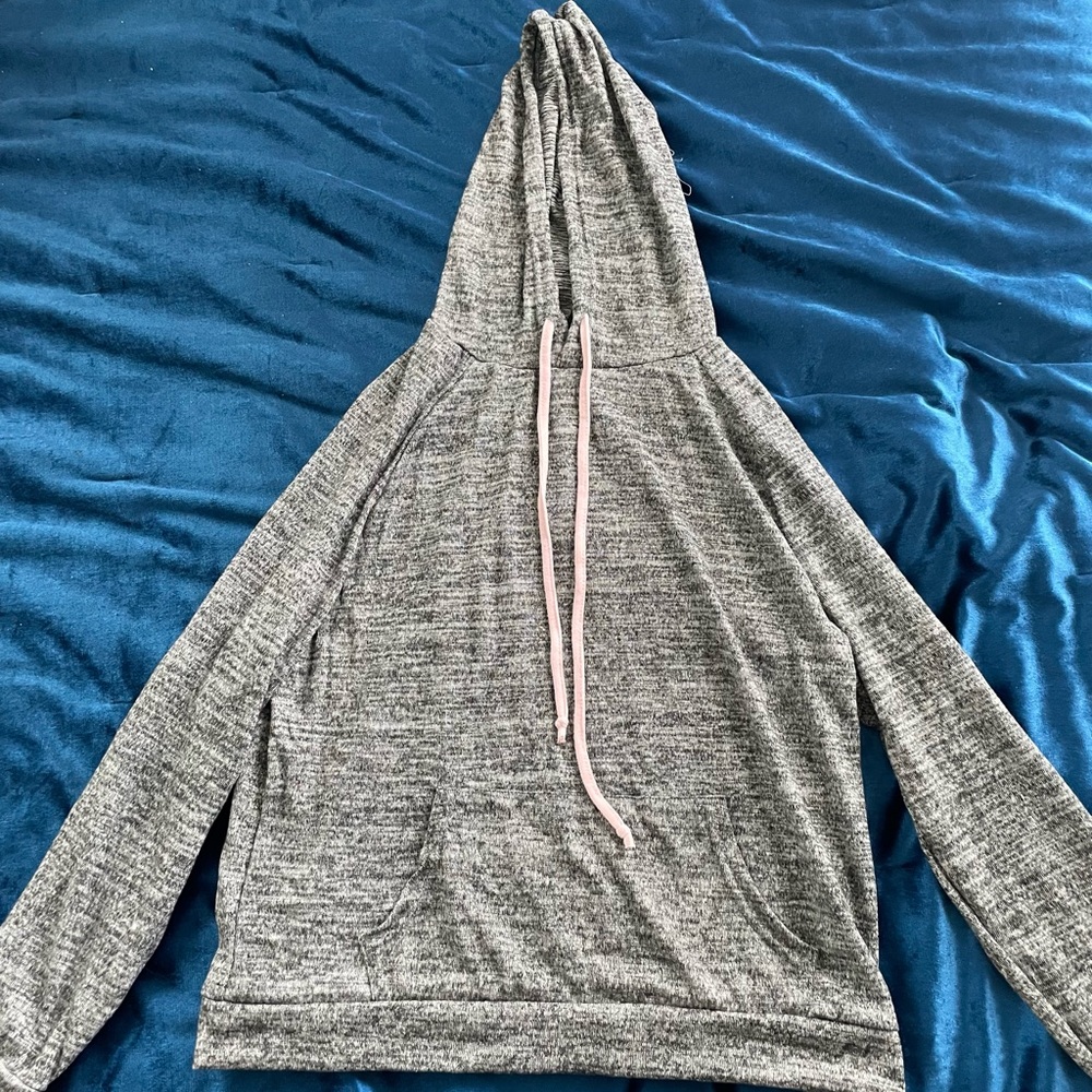 gray hoodie with pink strings